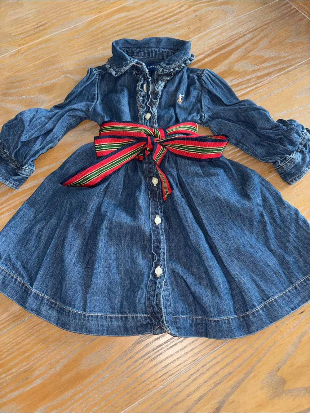 Ralph Lauren Blue Denim Dress with Red/Green Striped Bow